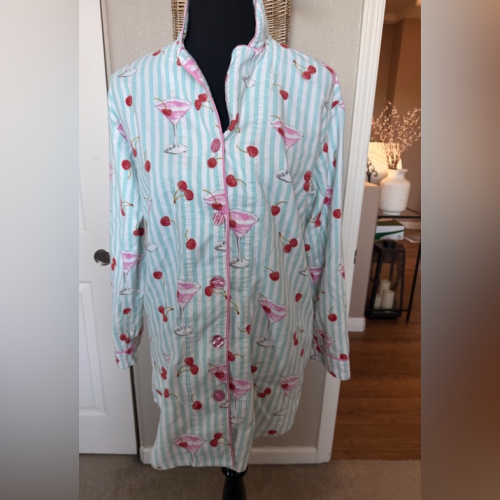 PJ Salvage Mint Stripe Nightshirt with Pink Cocktail & Red Cherry Print